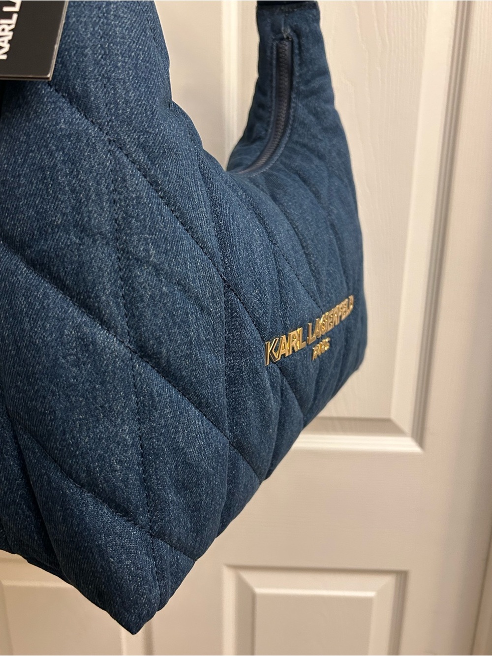 Karl Lagerfeld Quilted Dark Blue Denim Shoulder Bag with Gold Logo - Picture 2 of 16